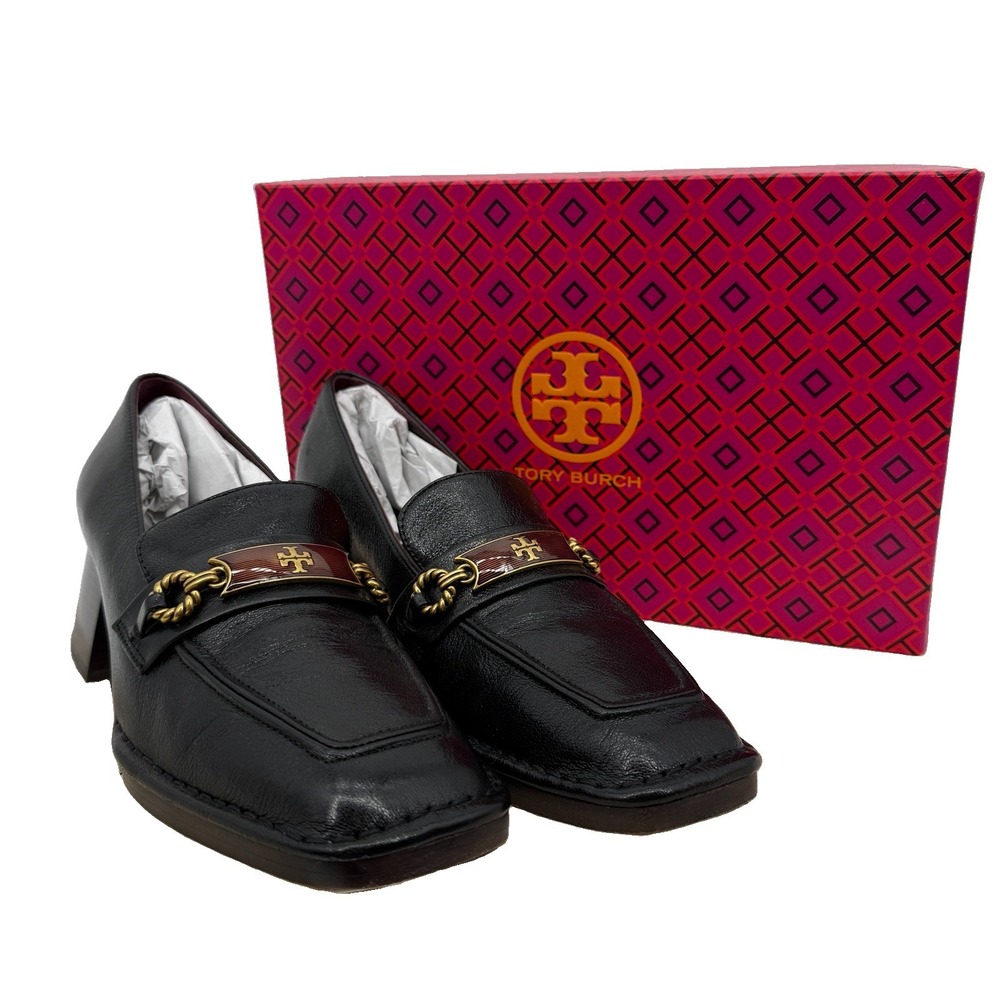 Tory Burch  Perrine Loafer Shoes Size 7.5 Square Toe Block Heel Perfect Black